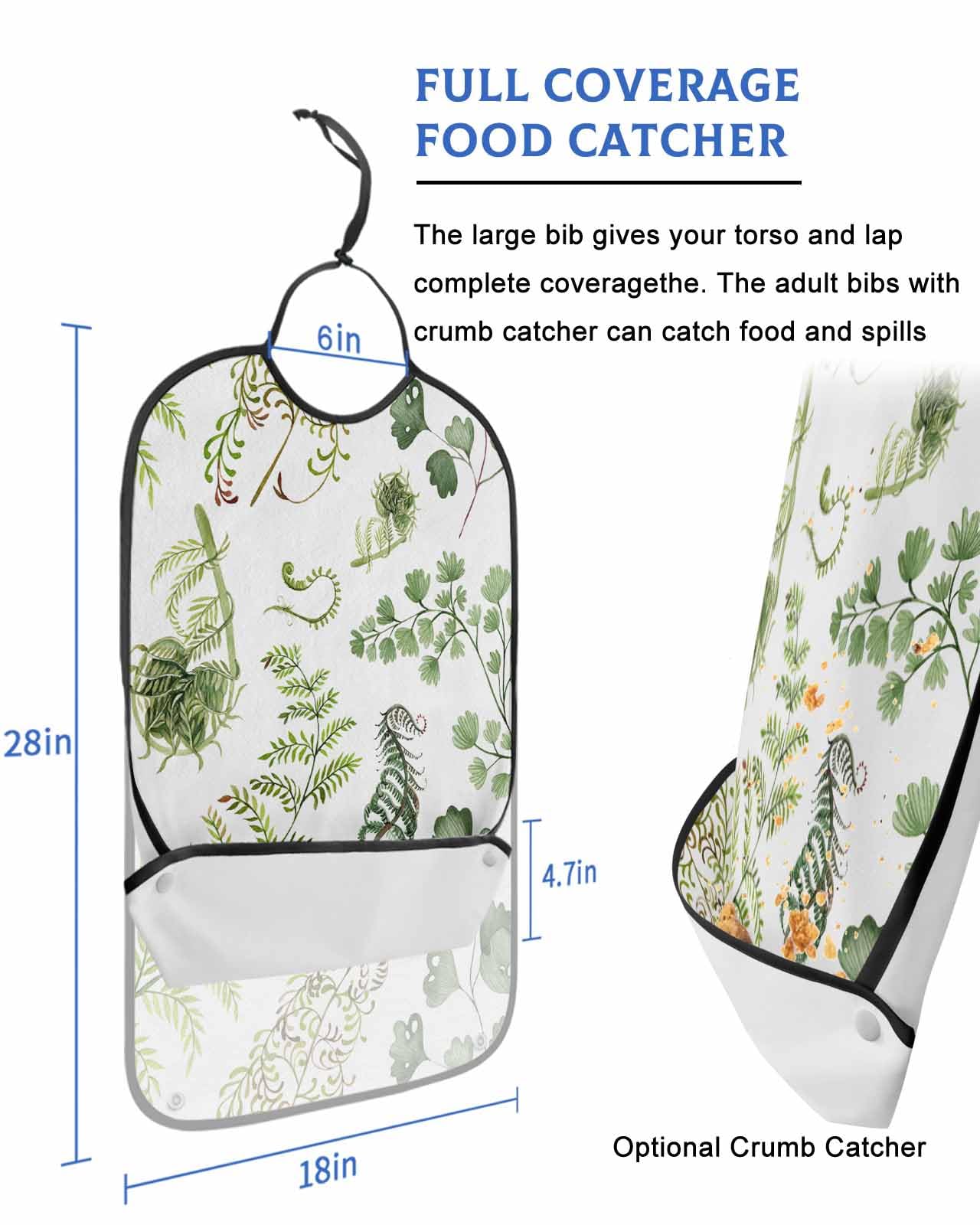 LEOKOTI Green Botanical Adult Bibs for Eating, Waterproof Bibs with Food Catcher & Adjustable Snap Closure, Summer Pastoral Watercolor Washable Clothing Protectors Adult Bibs for Elderly