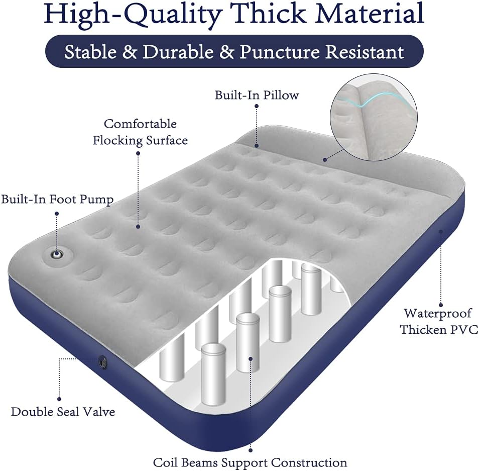 SAYGOGO Camping Air Mattress Travel Bed Sleeping Pad - Leak Proof Inflatable Mattress with Thickened Flocking Surface Built-in Pillow Air Bed for Home Camping SUV Truck RV Tent(Updated) : Sports & Outdoors