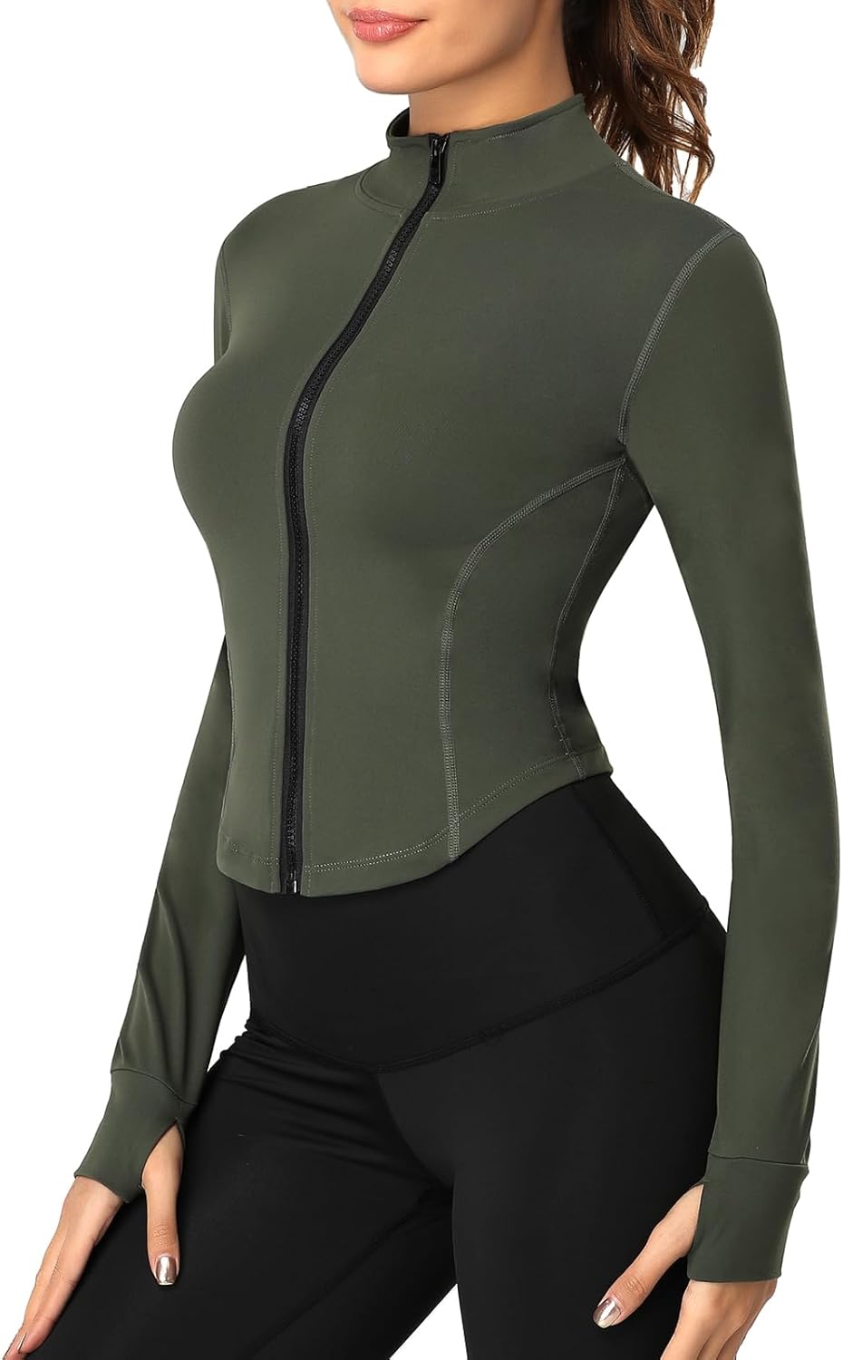 Women's Full Zip Lightweight Running Yoga Slim Fit Cropped Bbl Jacket Workout Sportwear With Thumb Holes - Image 3