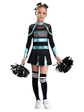 Girls Halloween Party Cheer Leader Outfits Long Sleeve Cheerleading Dance Dress and Headwear Pom Pom Socks