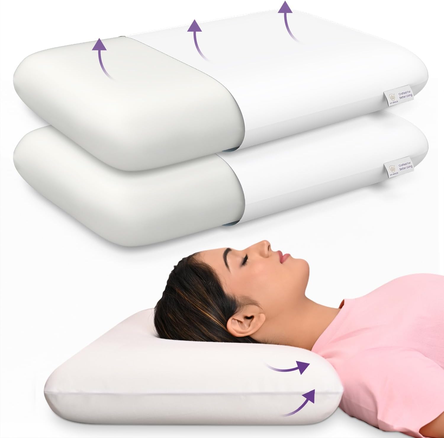 MY ARMOR Memory Foam Pillow Set of 2, Queen Size Orthopedic Pillows for Neck Pain Relief - 4.5 Inch Thick, Without Cover - Pack of 2