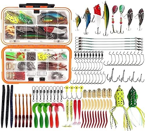 117 Set Fishing Lures Kit for Freshwater Bait Topwater Frog Lure Spoon Lures Crankbaits Spinnerbaits Plastic Worms Jigs Fishing Hook Fishing Accessories for Trout Bass Salmon