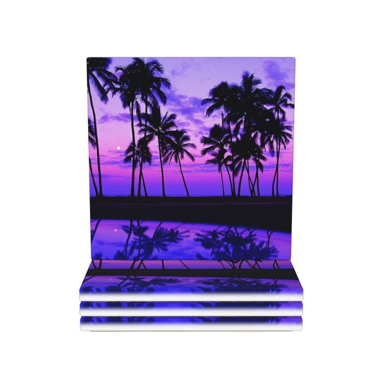 Untersetzer aus Keramik, Motiv Palme, violett, Sonnenuntergang, 4 Stück