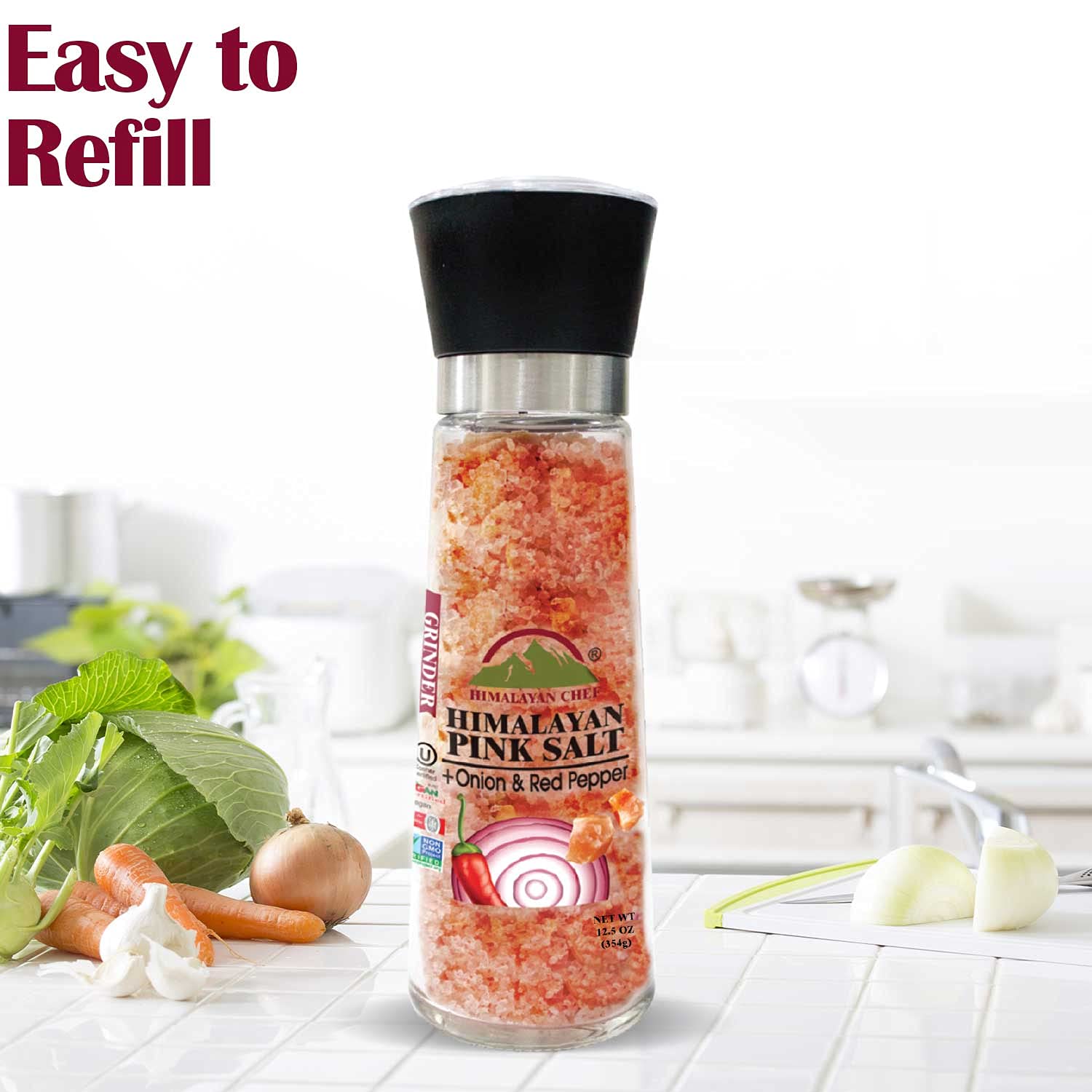 Himalayan Chef Pink Salt with Roasted Onion & Red Crushed Pepper, Tall Glass Grinder, 10.58 Oz : Grocery & Gourmet Food
