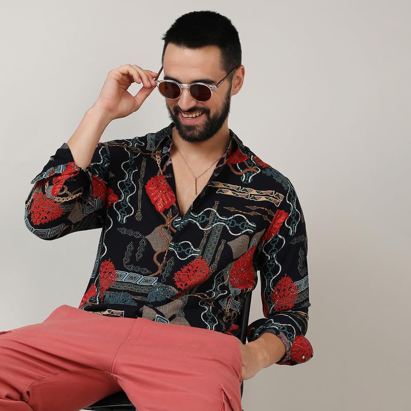 Image of CAHOOT Men's Self-Design Striped Shirt for Casual Wear | Spread Collar | Long Sleeve | Button Closure | Shirt Crafted with Comfort Fit for Everyday Wear