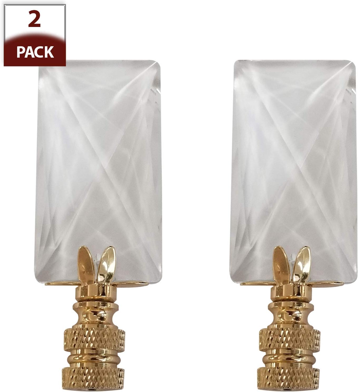Royal Designs Oblong Rectangle 1.25" Lamp Finial, Clear Faceted Crystal, Polished Brass Base, Set of 2
