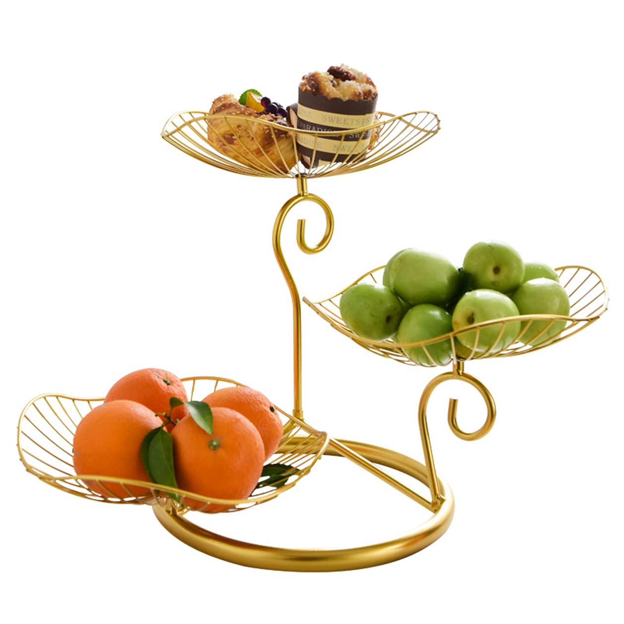 3-Tier 19 Inches Gold Metal Cupcake Dessert Basket Stand, Cake Snack Scones Crackers Fruits Appetizers Pastry Tiered Platters Serving Tray for Tea Party, Bridal Shower (Gold Lotus Leaf)