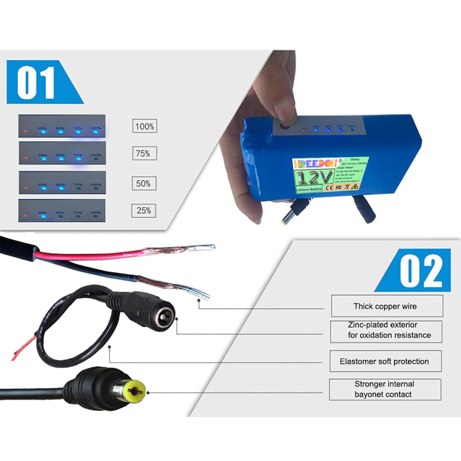 Batteria al Litio 12V Batteria Ricaricabile 5000mAh 6000mAh 7000mAh 9000mAh 12000mAh Batteria agli ioni di Litio per Strisce Luminose a LED con Caricabatterie,12v12000mah