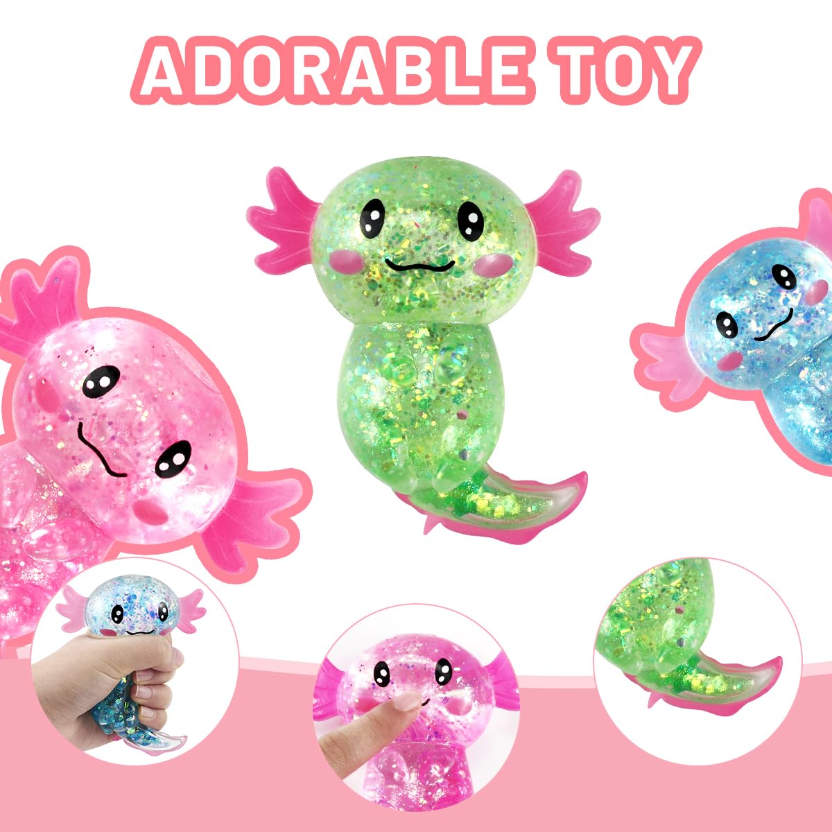 3 sztuki Axolotl Squeeze Toy - Redukcja i relaks stresu, błyszcząca Axolotl Anti -Stress Toy Squishy, ​​Squishy Squeeze Toys, Fidget Toys (zielony, niebieski, różowy) dla dzieci dorosłych