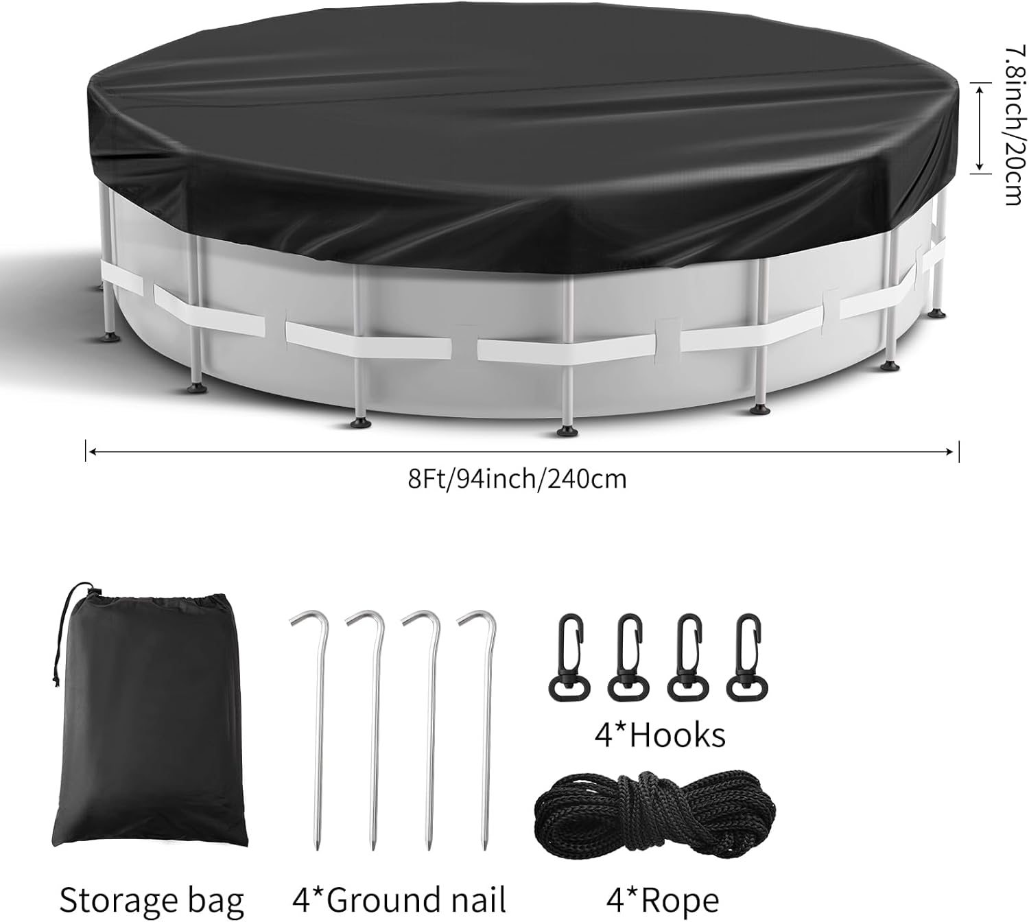 Zishine 8 Ft Round Pool Cover Solar Cover for Above Ground Pool with Pool Covers Accessories Swimming Round Solar Pool Covers for Above Ground Pools Heavy-Duty Waterproof Dustproof(Black)