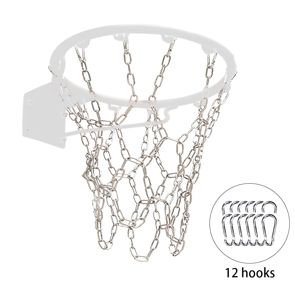 Rete da basket in acciaio inox, 12/13 ganci anti-caduta anti-frusta, catena resistente di ricambio per pallacanestro, per esterni interni e basket, sport per tutte le stagioni (argento, 12 ganci)