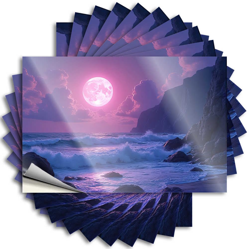 Backyard Bar Decor Door Sticker - Full Moon Over The Ocean Waves Aesthetic Durable Sticker Easy Apply for Motorcross Decor(12X18CM)