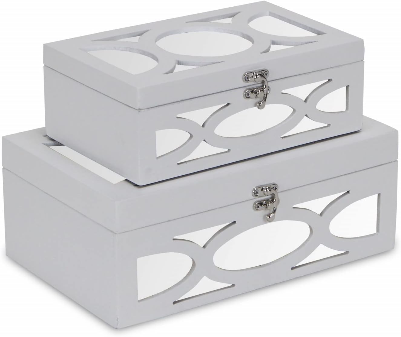 HomeRoots Set of Two White Mirrored Glass And Wood Box With Lid
