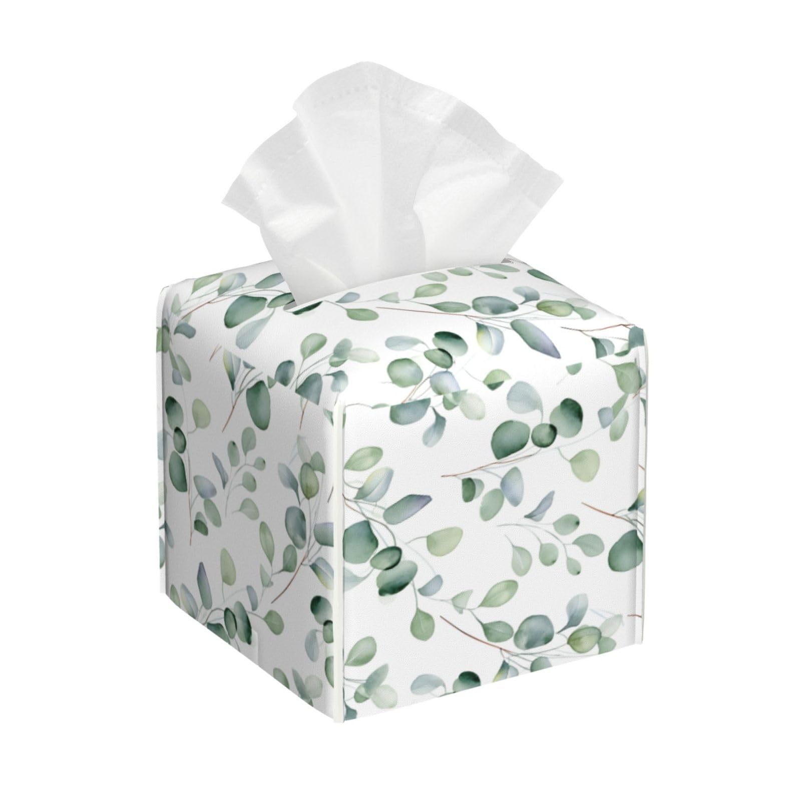 Mexpekil Square Tissue Box Cover With Green Eucalyptus Leaves Pattern - PU Leather Holder for Bathroom Car Napkins and Facial Dispenser