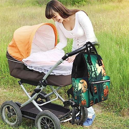 Sac à dos à couches Halloween avec compartiment PC portable imprimé citrouilles et château