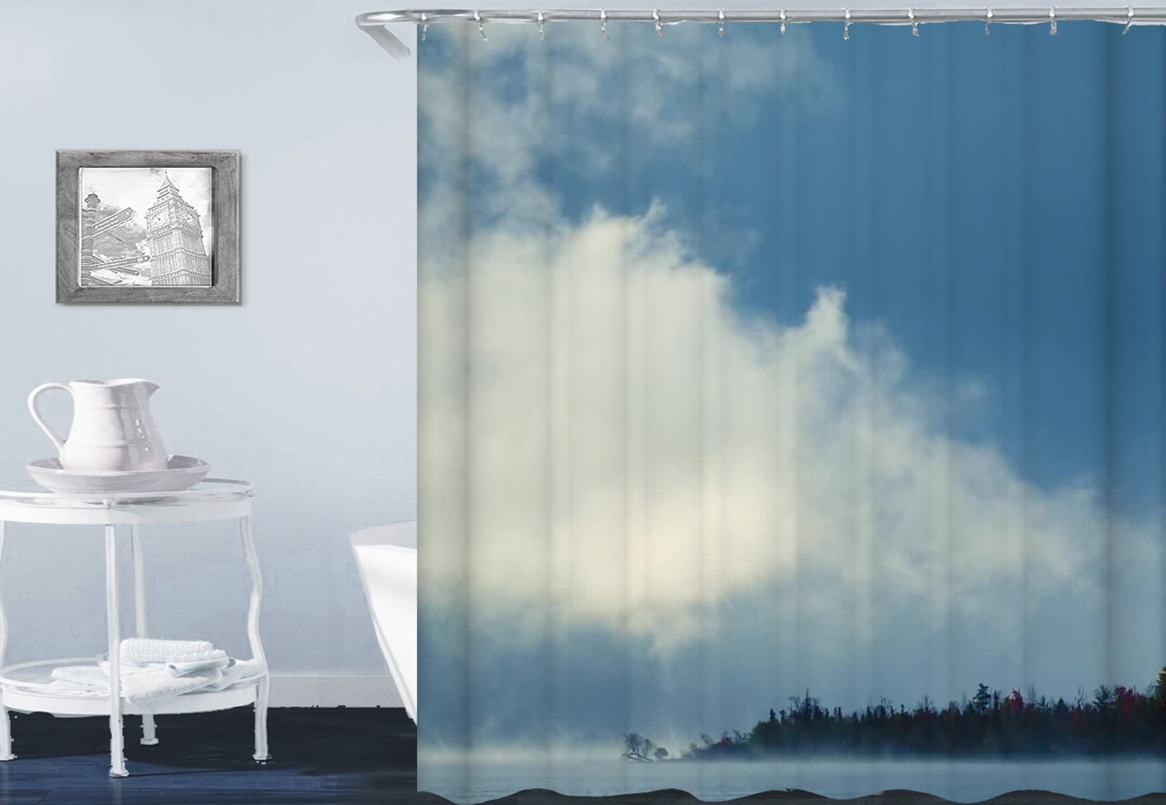 Rideau de douche polyester anti humidité bleu blanc 165x180cm avec anneaux inclus
