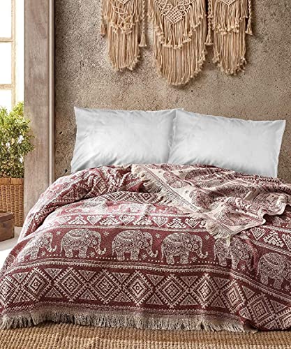 Bohoria® Couvre-lit haut de gamme Bali, Couverture réversible, Couverture de canapé avec motif, Extra large 220 x 240 cm (Motif éléphant acajou)