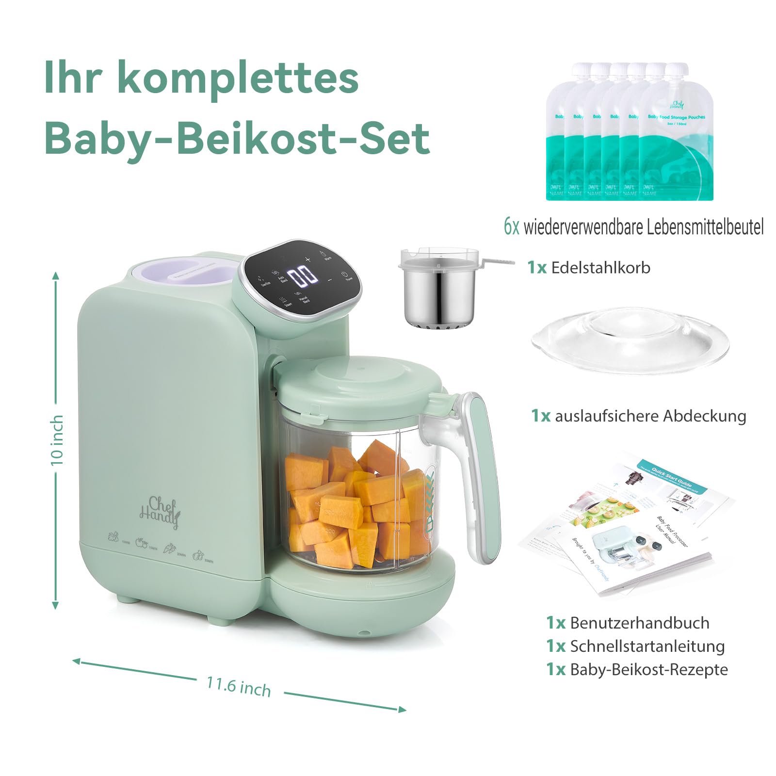 Chefhandy 5-in-1 Babynahrungszubereiter Premium, Multifunktions Babybrei Zubereiter mit Fläschchen Erwärmen, Desinfizieren, Baby Dampfgarer, Brei Maker Mixer, Automatische und Handmodus (Grün)