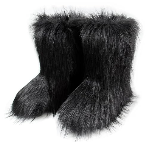 MH Bailment Women's Faux Fur Boots Winter Mid-Calf Snow Boots Fuzzy Fluffy Furry Fashion Short Snow Boots - 7 - Black