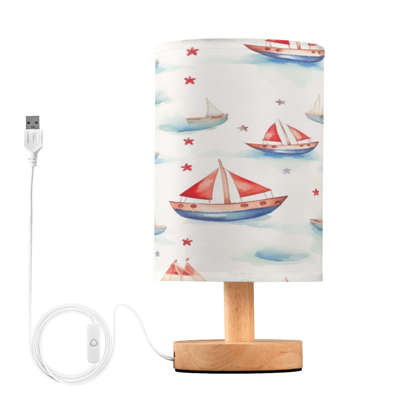 SDMKA Boats Pattern Bedside Table Lamp for Bedroom, Minimalist Nightstand Lamp with Round Fabric Shade for Living Room, Office, No Bulb Required