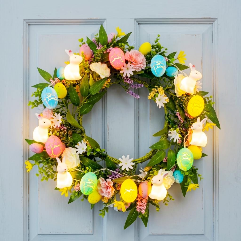 Spring Wreaths for Front Door with LED Lights, 20 Inch Artificial Flower Wreath with Colorful Eggs & Daisies, Spring Wreath for Outdoor Indoor Home Decor, Farmhouse Spring Porch Decorations