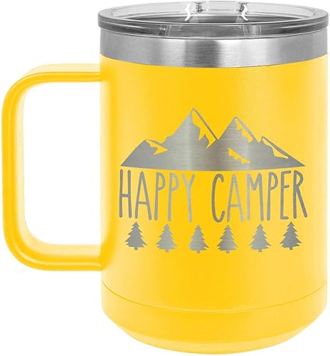Taza de café HAPPY CAMPER A de 15 oz con tapa superior deslizante  Taza de café de viaje aislado  Ideas de regalo de cumpleaños o Navidad de mujeres