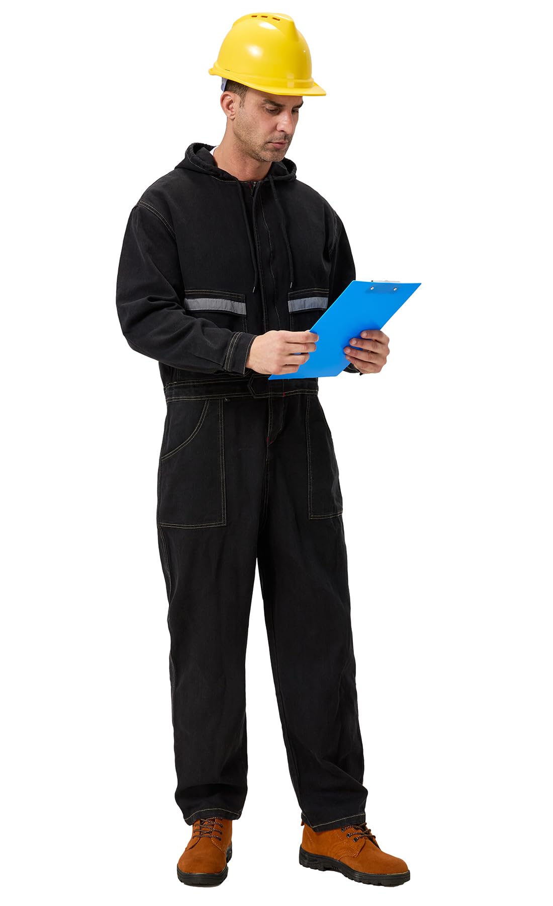 Overol de trabajo de mezclilla para hombre con capucha, overol de trabajo resistente, de alta visibilidad, con pantalones vaqueros, color negro, talla M