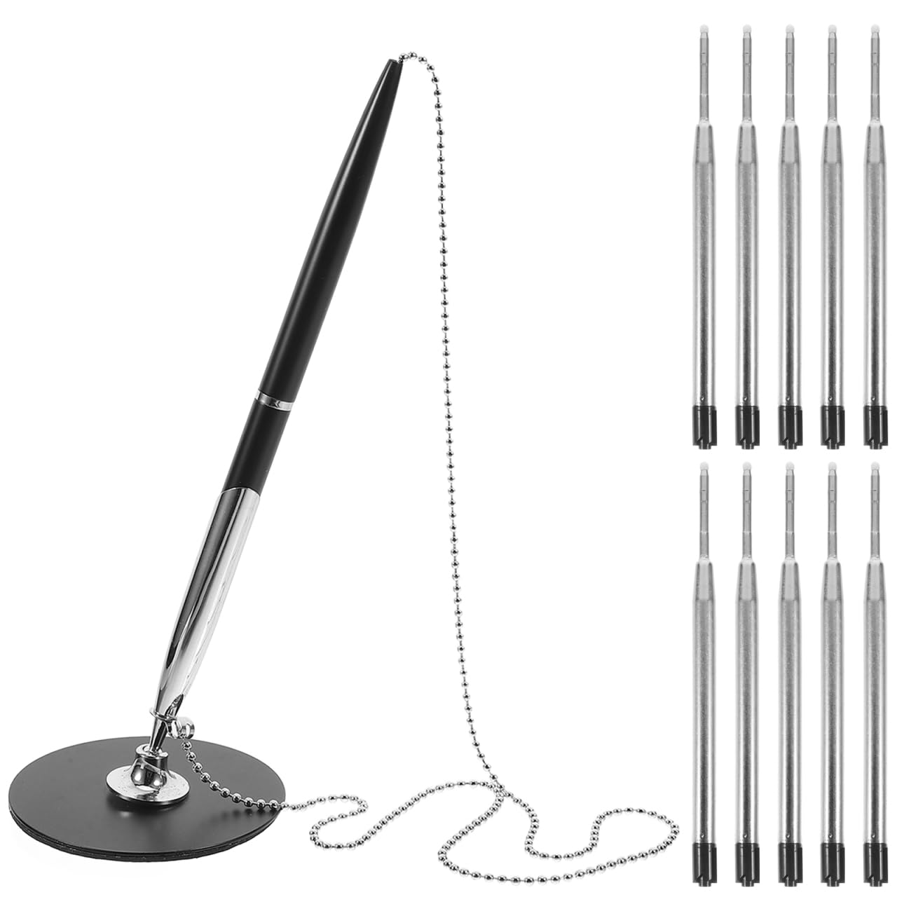 Ciieeo Stylo Signature de Bureau avec Chaînette Métallique, Base Rotative, Encre Noire Rapide Séchage, Lot 1 Stylo 10 Recharges, Accessoire Fixe pour Comptoir Bancaire Couleur Aléatoire