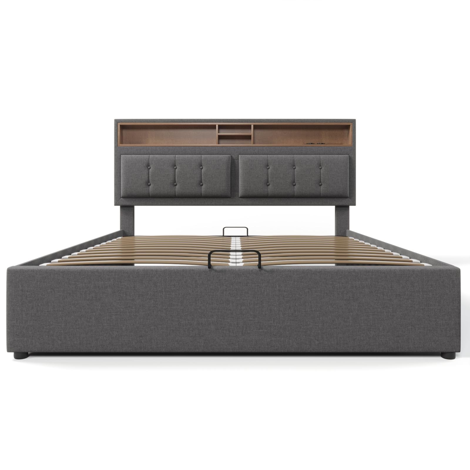 Cadre De Lit Double Sweiko 140x200cm - Tête De Lit Rembourrée Réglable, Prise USB-C, Rangement - Lin Gris