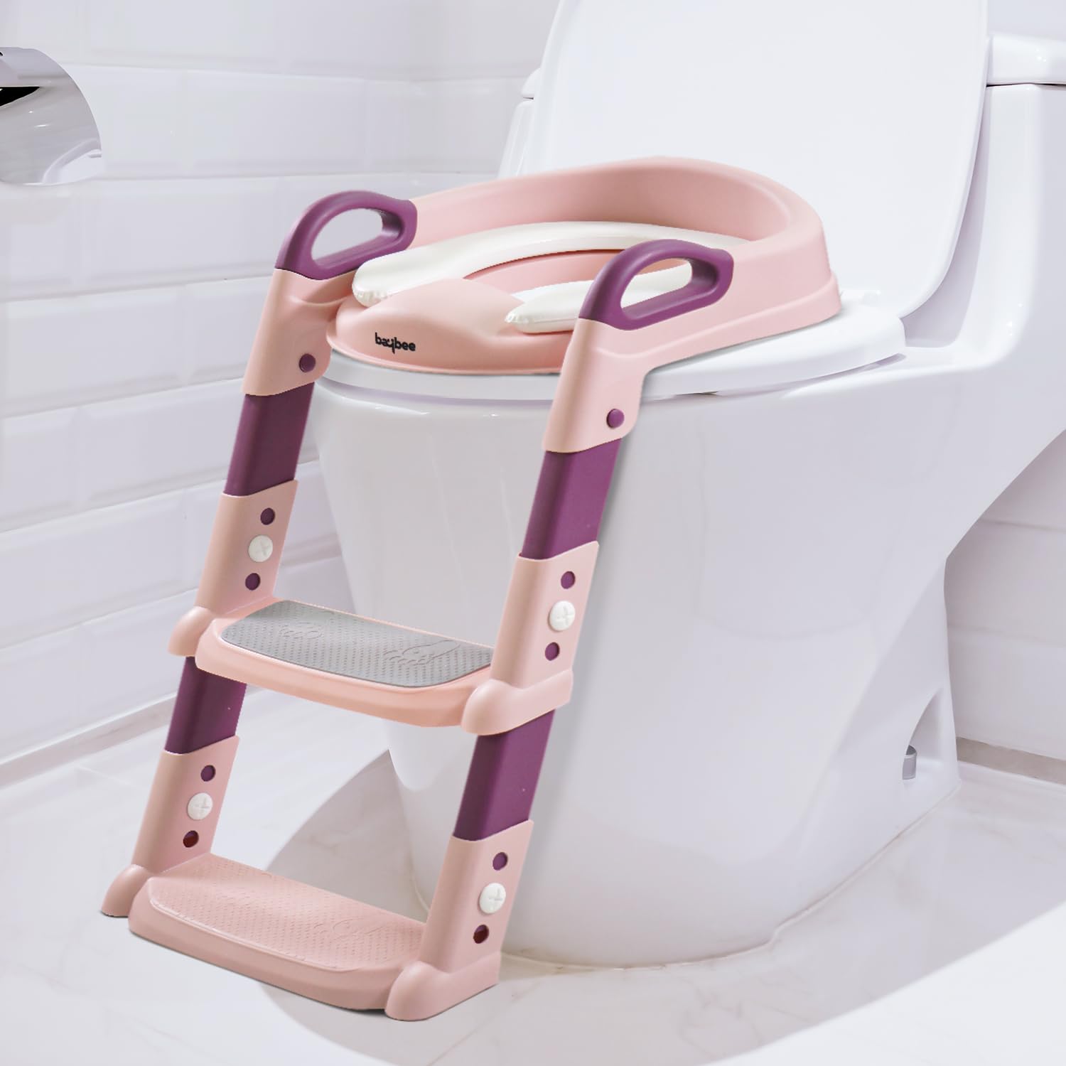 BAYBEE Aura Western Toilet Potty Seat For Kids,Baby Potty Training Seat Chair With Ladder,Adjustable Step Height,Cushion Seat|Kids Toilet Seat|Potty Seat For 1-8 Years Child Boys Girls(Pink) Plastic