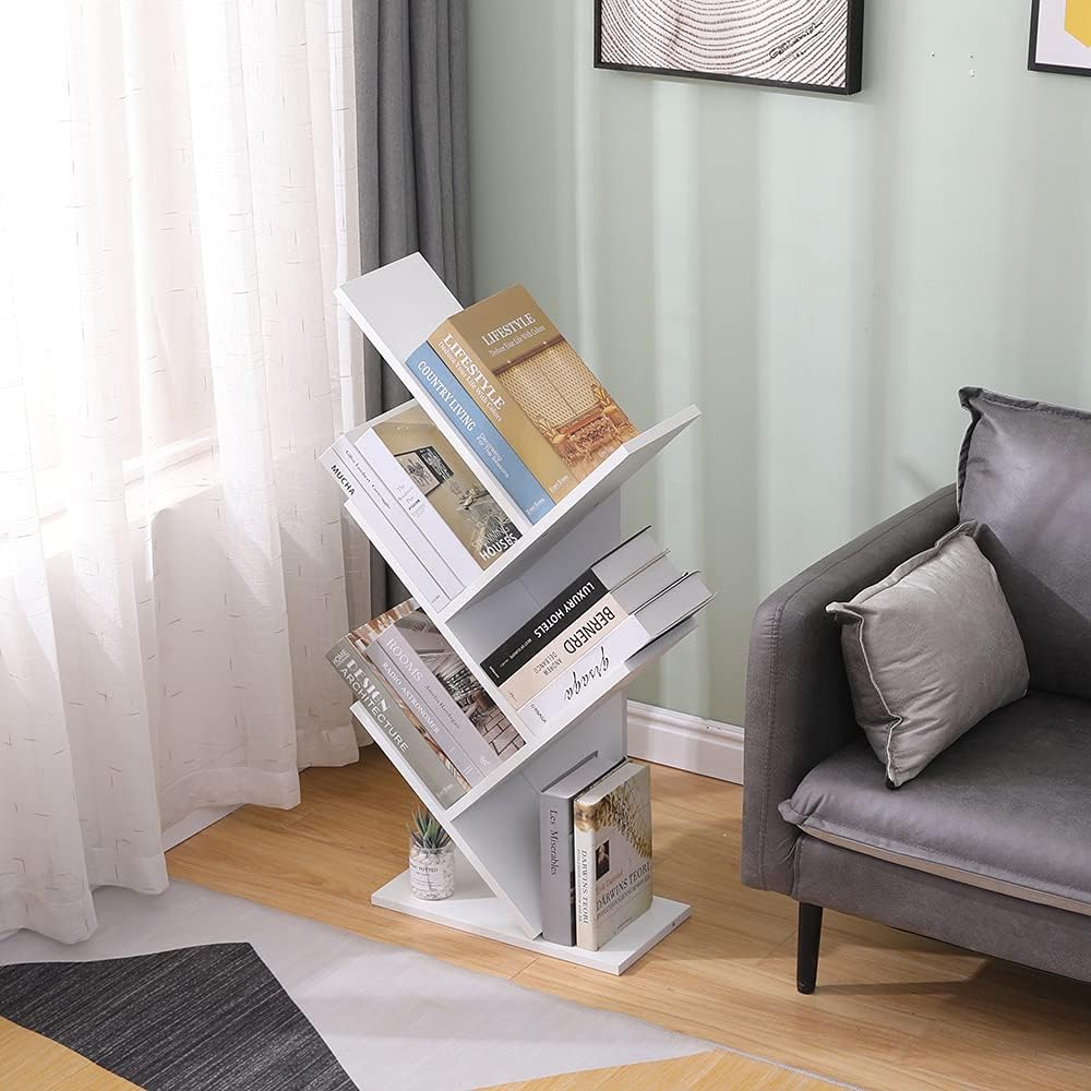 Libreria ad Albero Moderna Bianca autoportante Libri CD salvaspazio Legno portaoggetti scaffali Comodino 40x20x90 scaffale Design Ufficio Ingresso Soggiorno libreria albero libreria piccola