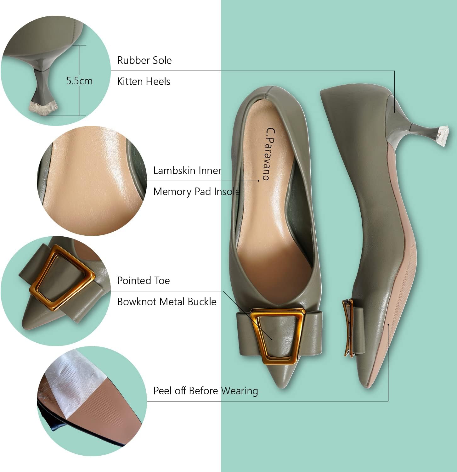 C.Paravano Pumps Shoes Women | Kitten Heels | Low Heel | Dress Shoes for Women | Pointed Toe Heels(Grey,Size 5.5) - Image 4