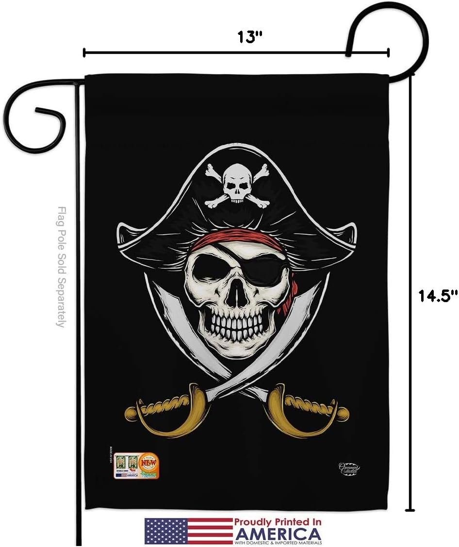 Pirates Garden Flag Set Wall Hanger Coastal Pirate Ship Skull Treasure Map Carribean Jolly Blackbeard Jack Small Decorative Gift Yard House Banner Made In USA 13 X 18.5