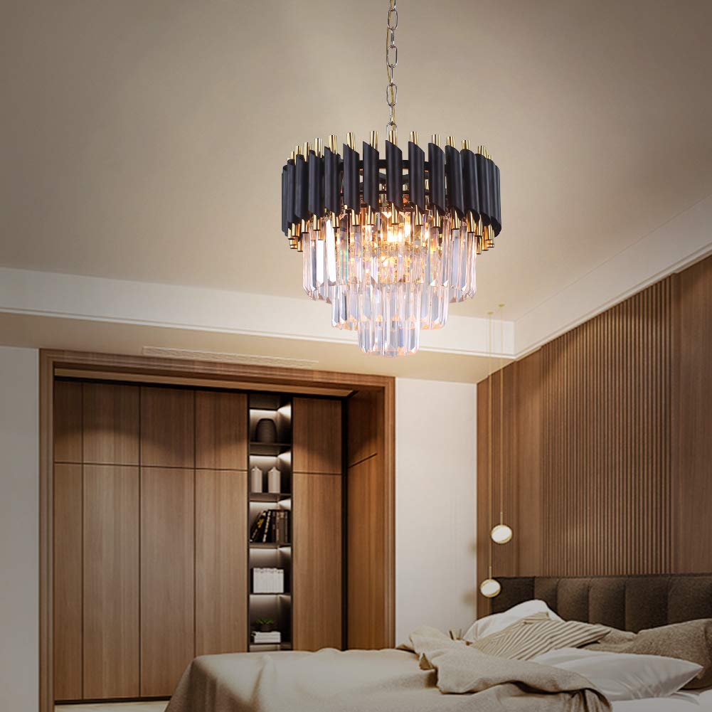 FRIXCHUR Moderne Kristall Kronleuchter 3-Tier Kristall Kronleuchter Licht 15,7 '' Schwarz und Gold Pendelleuchten für Wohnzimmer Küche Insel Foyer E14x5 Glühbirne (nicht enthalten Glühbirne)…