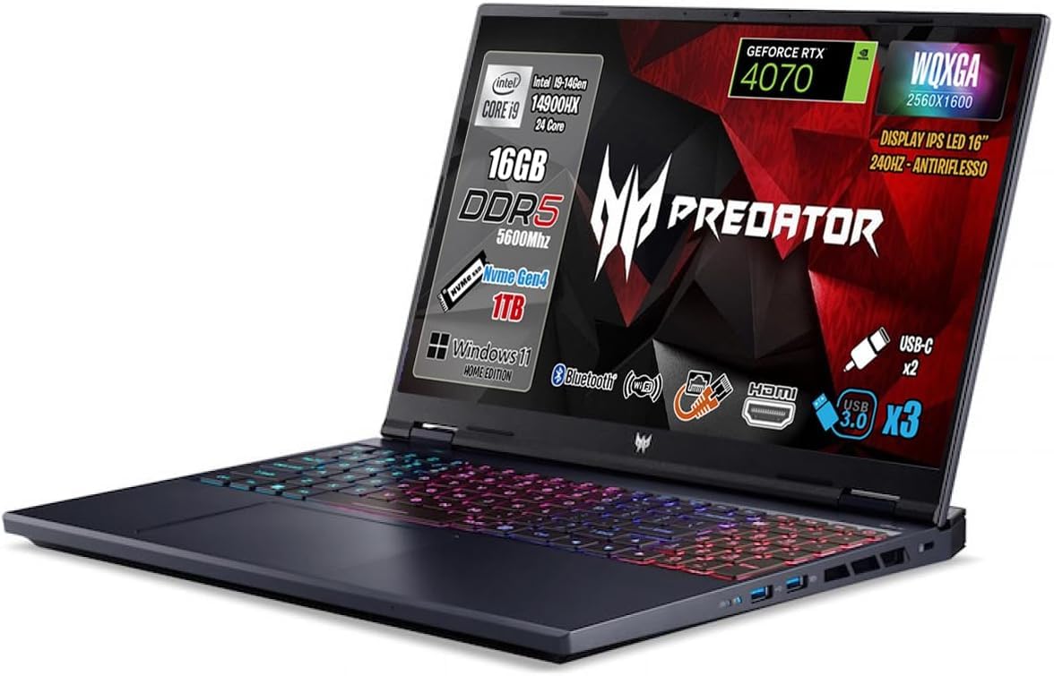 Acer Notebook Gaming Predator Helios Neo 16, Processore Intel Core i9-14900HX, RAM 16 GB DDR5, SSD 1TB PCI,Display 16" WQXGA IPS 240Hz, NVIDIA GeForce RTX 4070 8GB GDDR6, Sistema Operativo Windows 11