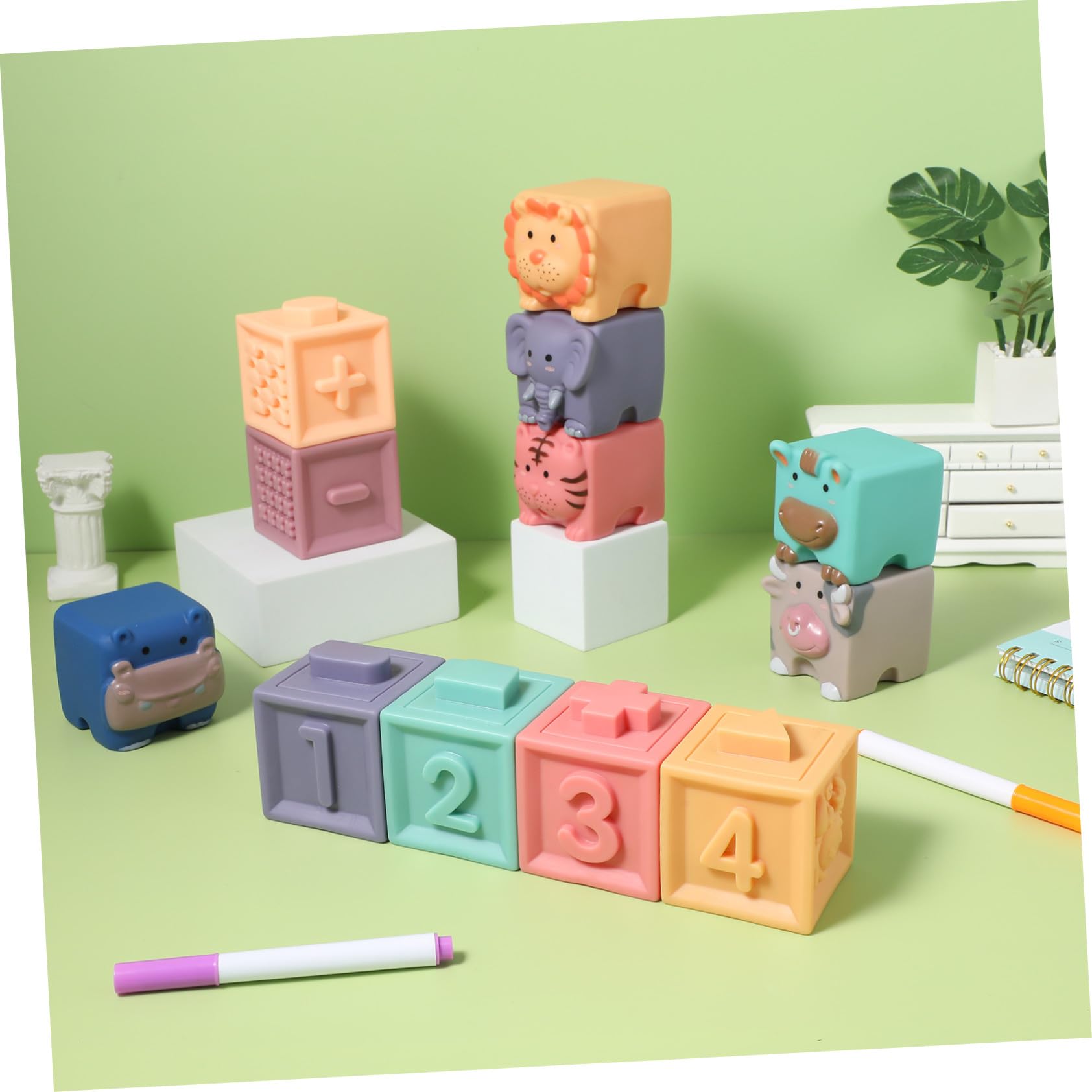 HANABASS 12 Piezas Bloques de Goma Suaves para Bebés con Formas de Animales y Números Juguetes de Construcción Educativos para Incluye Bolsa de Almacenamiento para Regalos y Primeros