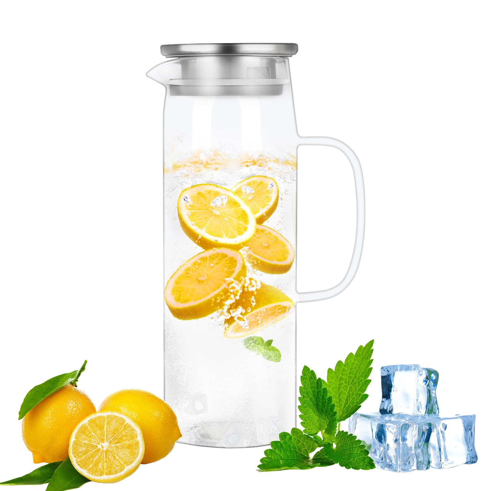 WEXFFU Fridge Door Water Jug, Fridge Jug with Lid, 1.5L/51oz Water Pitcher with Stainless Steel Lid for Hot/Cold Water