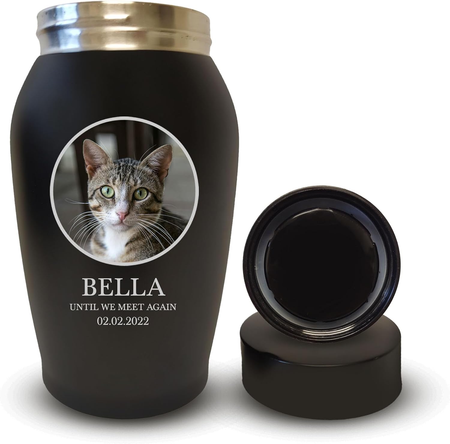 Personalized Custom Photo Cat Urn Engraved Cat Name and Date Stainless Steel Cremation Urns for Cats Ashes with Pet Photo and Designed Border | Pets Up to 15 Lbs | Small 5.2" x 3" | Black