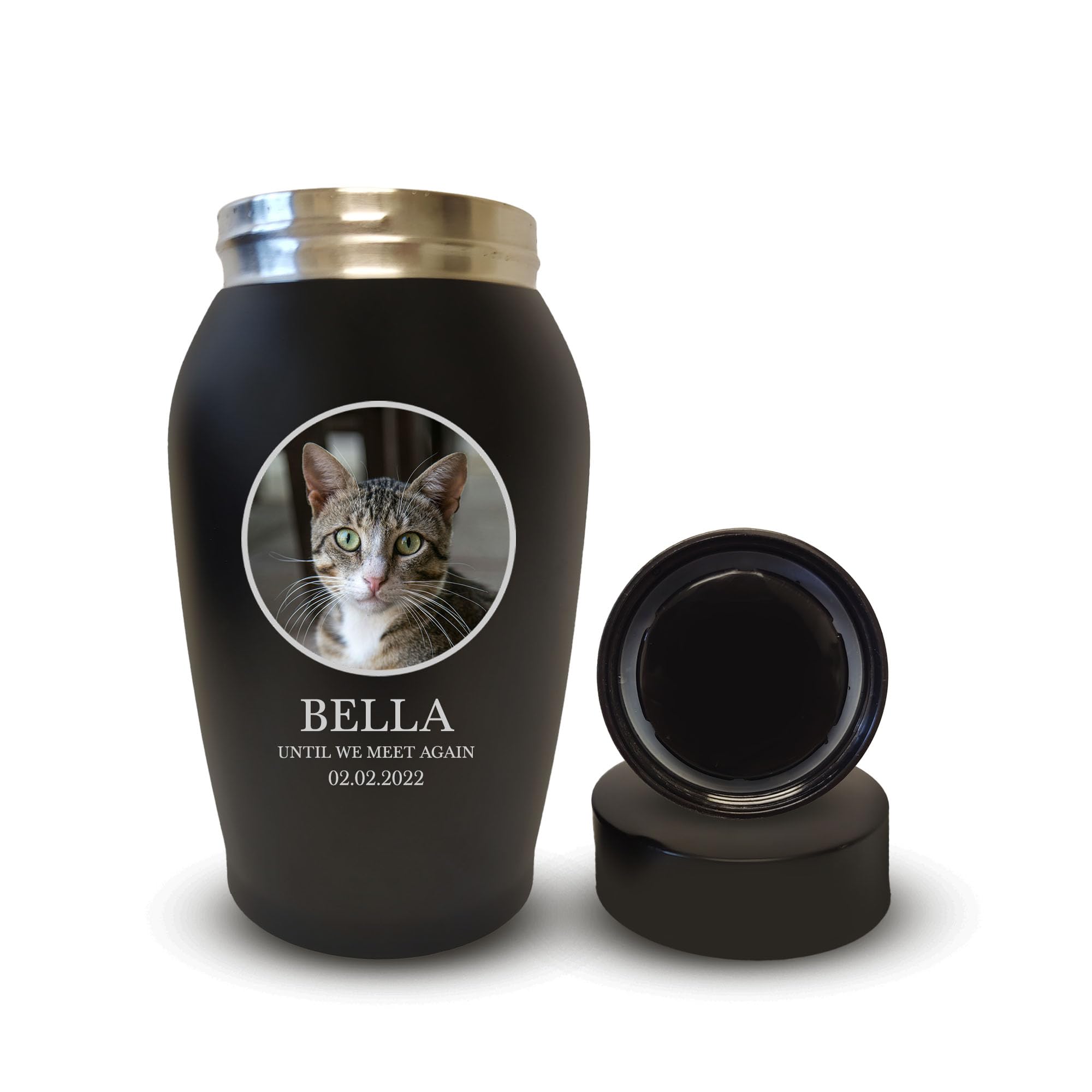 Personalized Custom Photo Cat Urn Engraved Cat Name and Date Stainless Steel Cremation Urns for Feline Ashes with Pet Photo | Up to 50 Lbs | Standard 7
