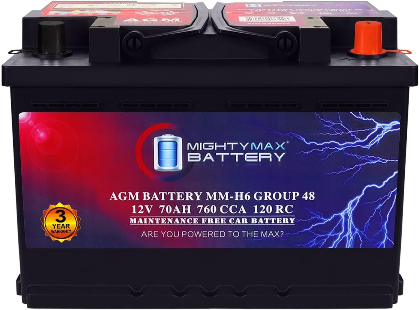 Powerful AGM Car Battery for Start-Stop Vehicles: Mighty Max MM H6 12V 70 AH