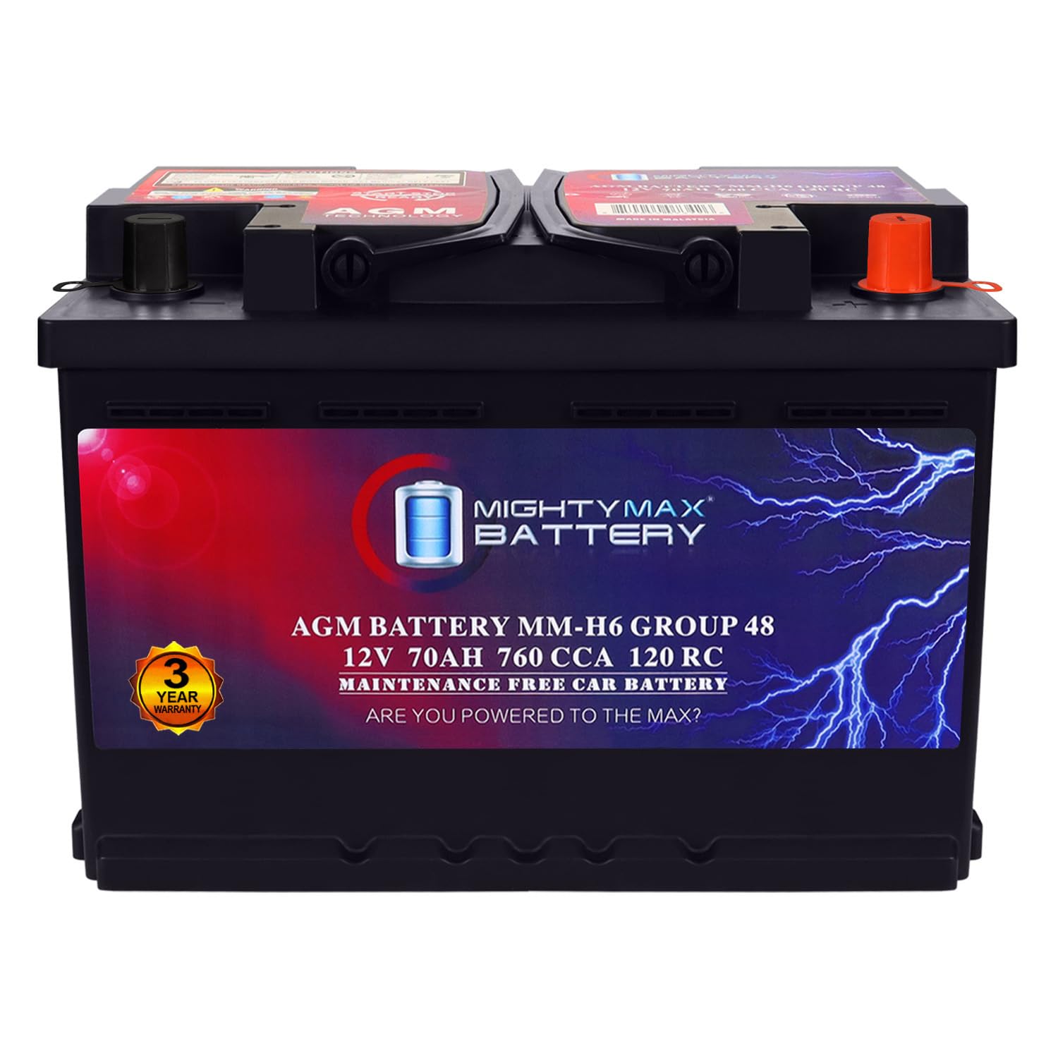 Mighty Max Battery MM-H6 Start and Stop Car BCI Group Size 48 12V 70 AH, 120RC, 760 CCA Rechargeable AGM Car Battery