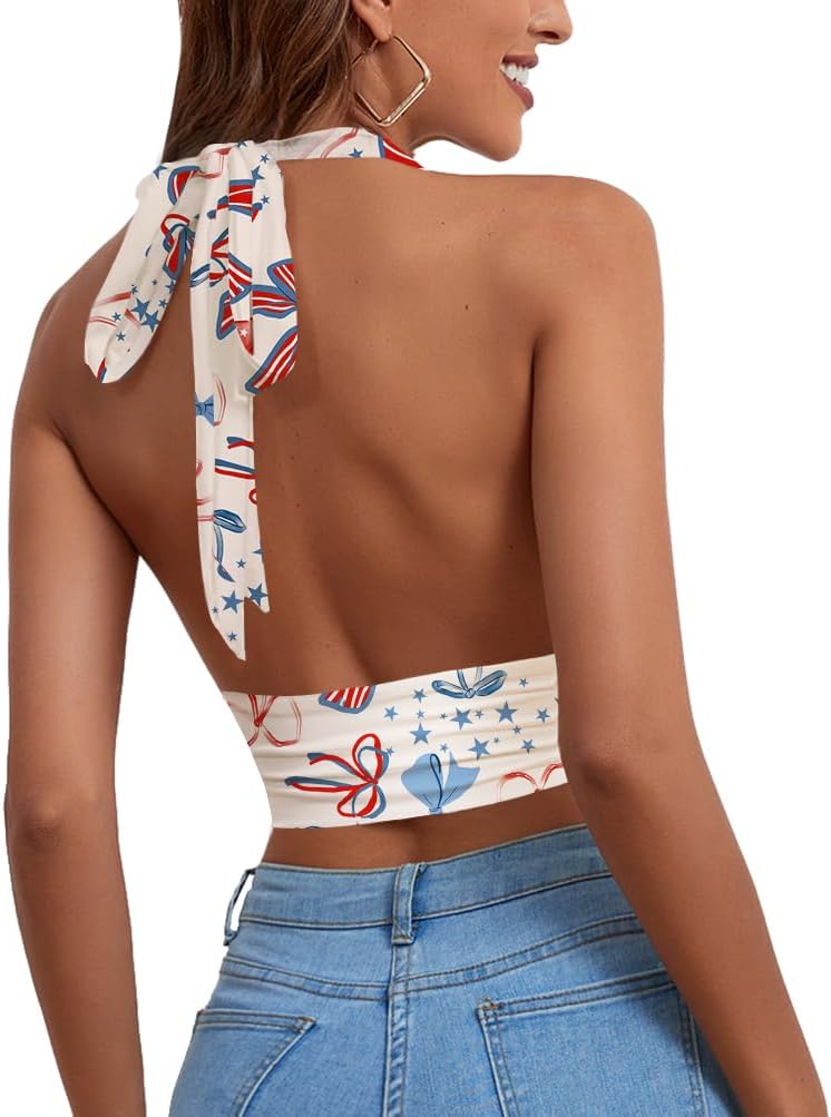 Rooscier Women's Deep V Neck Halter Tie Back Sleeveless Backless Cami Crop Top - Image 2