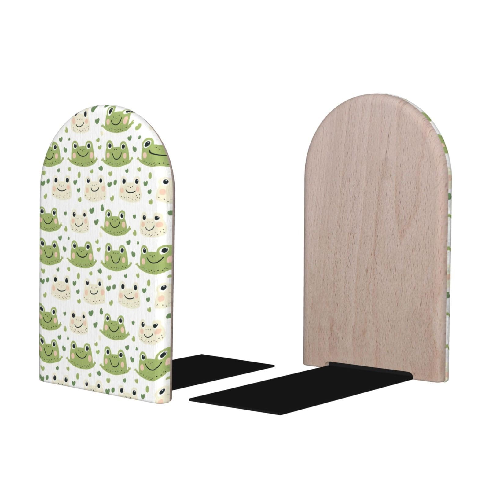 Frog Cute Heart Print BookEnds 1 Pair, Decorative Bookends for Heavy Books, Wood Book Ends for Shelves, Book Organizer for Home Desk Office Supplies
