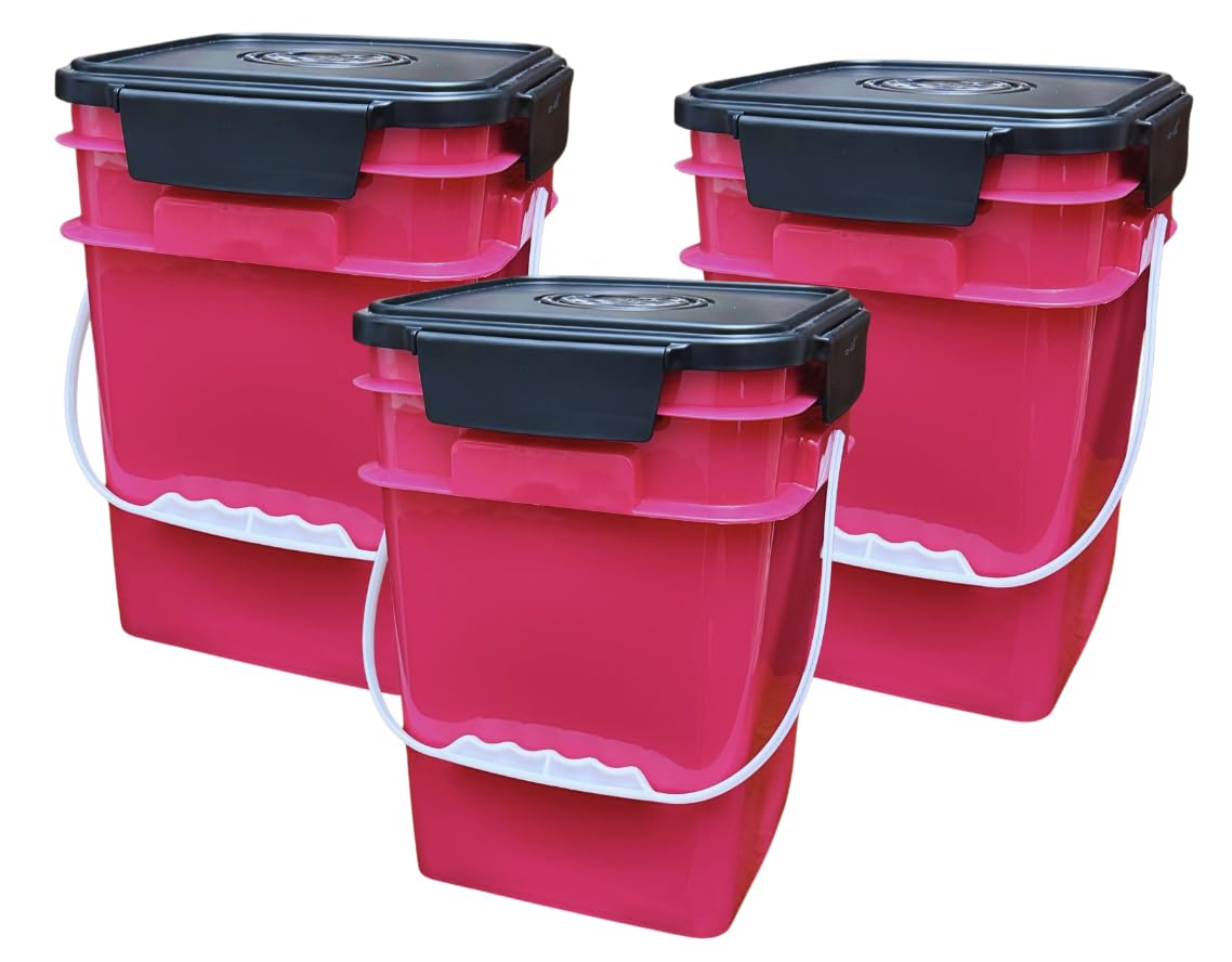House Naturals 4 Gallon Square Food Grade Bucket Pail with Plastic Handles and Lid (Pack of 3) Made in USA containers (Magenta - Black lids)