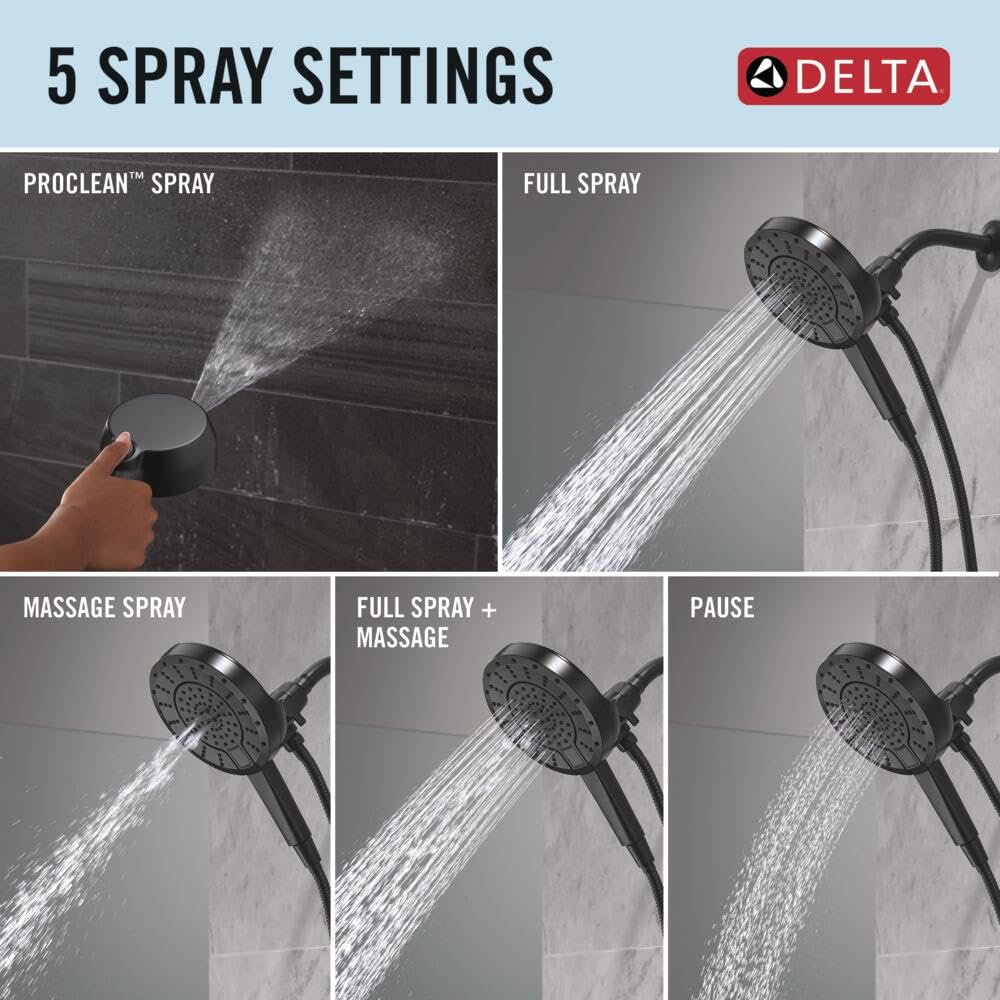 Delta In2ition - Cabezal de ducha doble 2 en 1 de 5 ajustes con spray de mano ProClean de alta presión, cabezal de ducha desmontable negro mate con manguera, caudal de 2.5 GPM, negro mate 58596-BL25