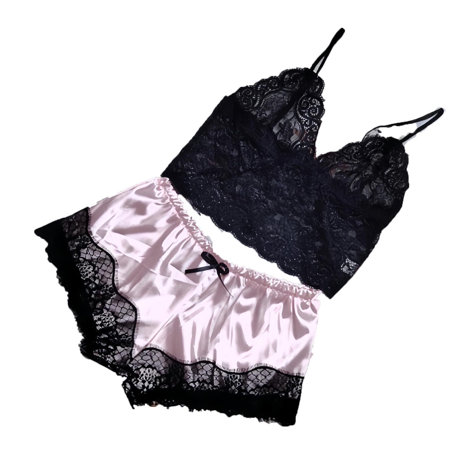 Women's Lace Pyjamas Set 2 Piece Set Nightwear Sexy Lingerie Cami Pyjamas Set Lace Mesh Transparent Vest + Silk Short Pants Ladies V Neck Lingerie Pjs Set Soft Underwear