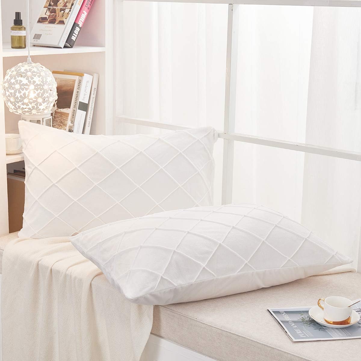 JAUXIO Diamond Pinch Pleated Crystal Velvet Pillowcases 2 Pack Solid Pintuck Throw Cushion Cover for Home Decor Hidden Zipper Closure (White, King)