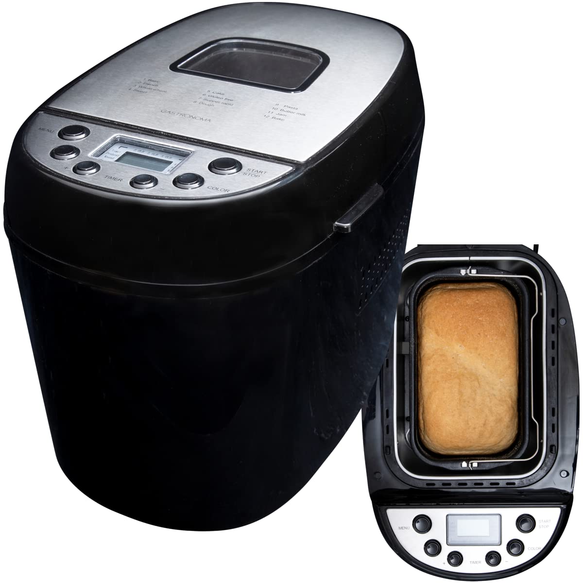 Gastronoma 18260001 Brotbackautomat, Brotbackmaschine 12 digitale Programme, automatisches Zutatenfach, für 1350 Gramm Brotlaibe, Sichtfenster, 13 Stunden Verzögerungs Timer, 60 Min Warmhaltefunktion