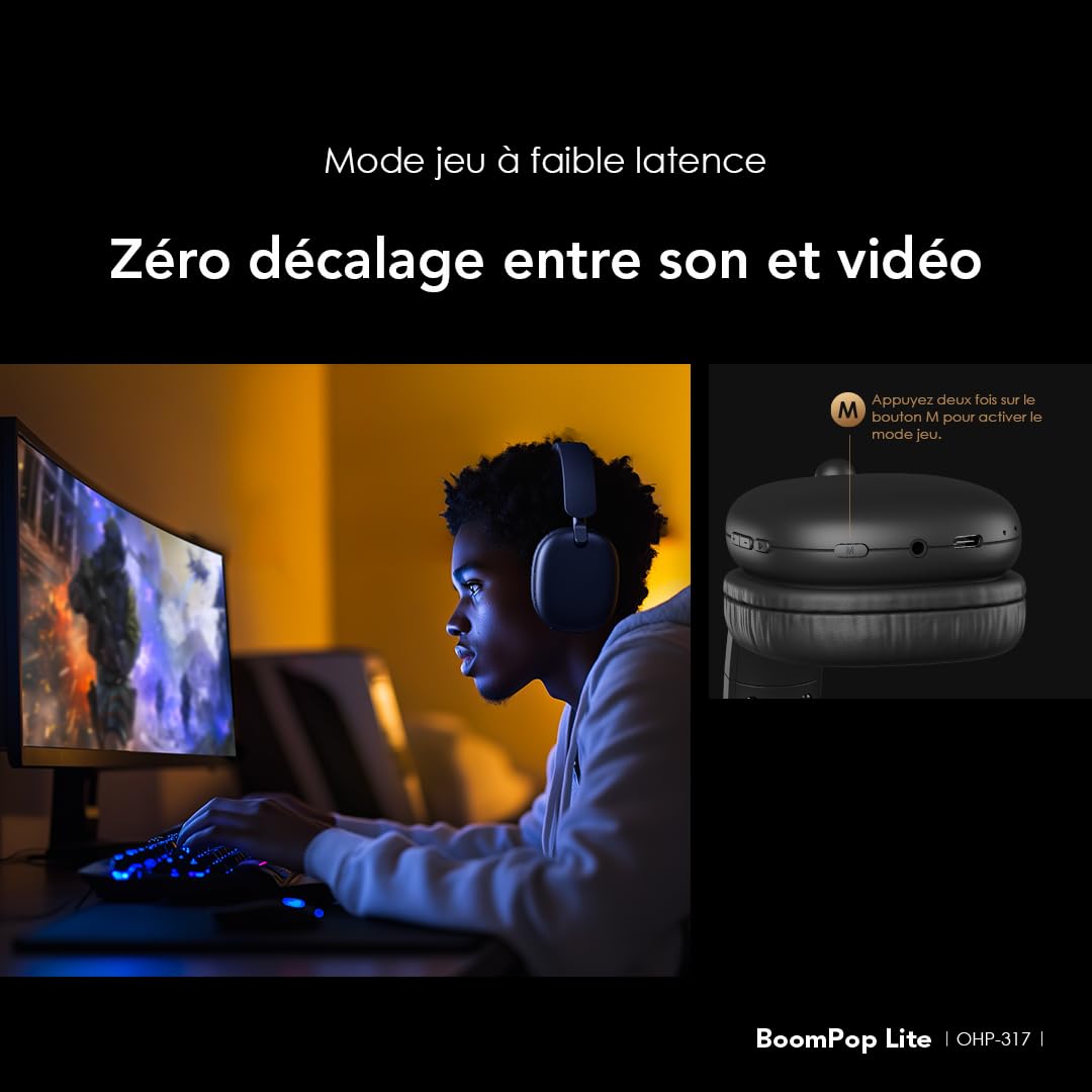 Oraimo BoomPop Lite Casque Bluetooth sans Fil, 65 h d'autonomie, Charge Rapide 10 Min = 10 h, Son Spatial Sound360, Micro ENC, Mode Jeu, Pliable, Bluetooth 5.3 + Jack 3,5 mm, USB-C