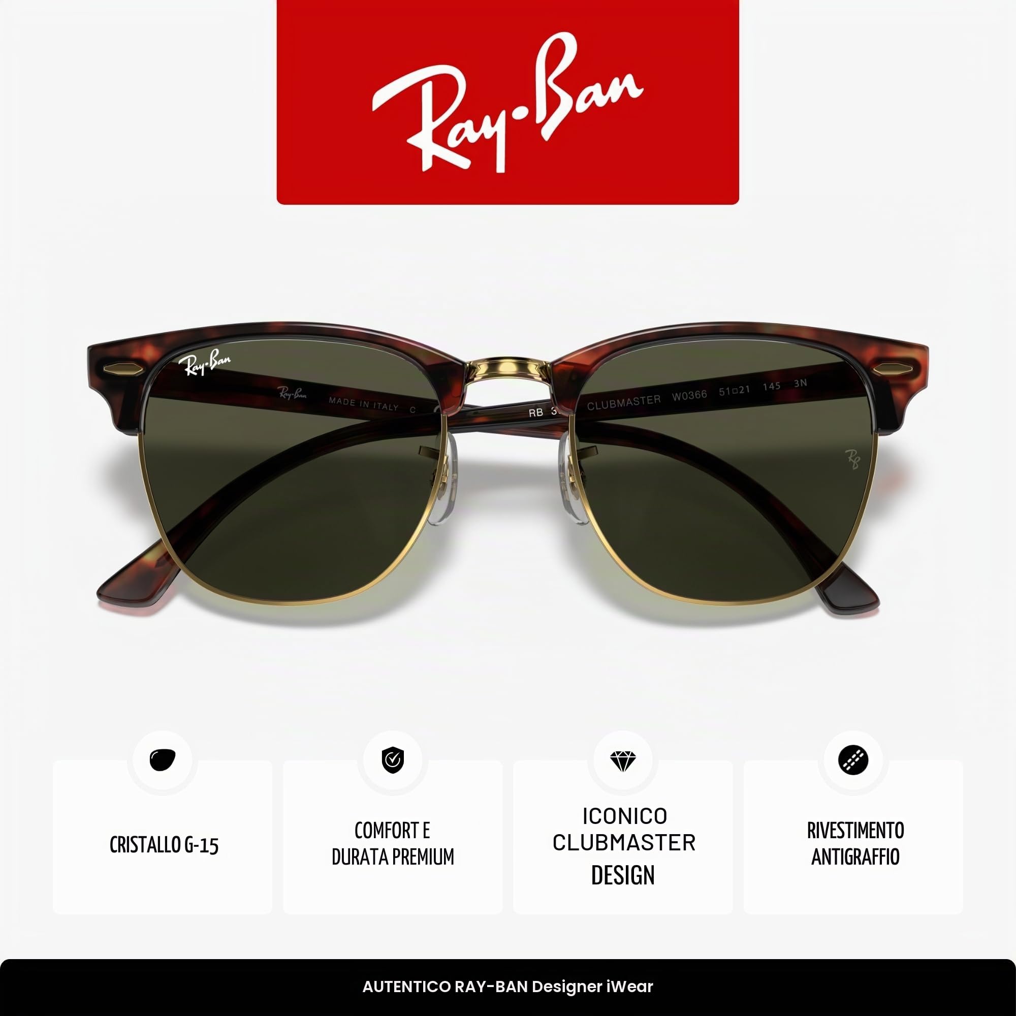 Ray-Ban Occhiali da sole quadrati Clubmaster Rb3016